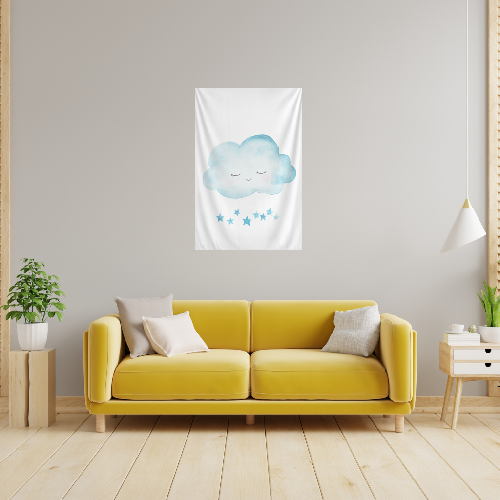Watercolor Sleepy Cloud and Blue Stars Wall Tapestry