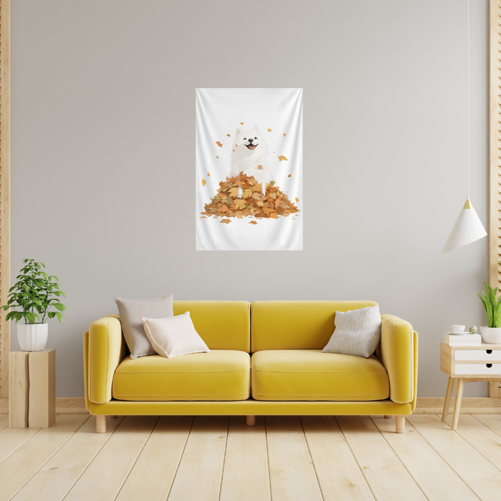 Happy White Dog in Autumn Leaves Wall Tapestry