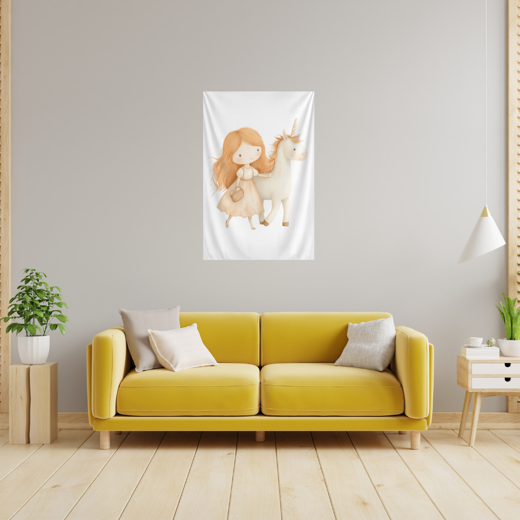 Ginger Girl with Whimsical White Unicorn Wall Tapestry