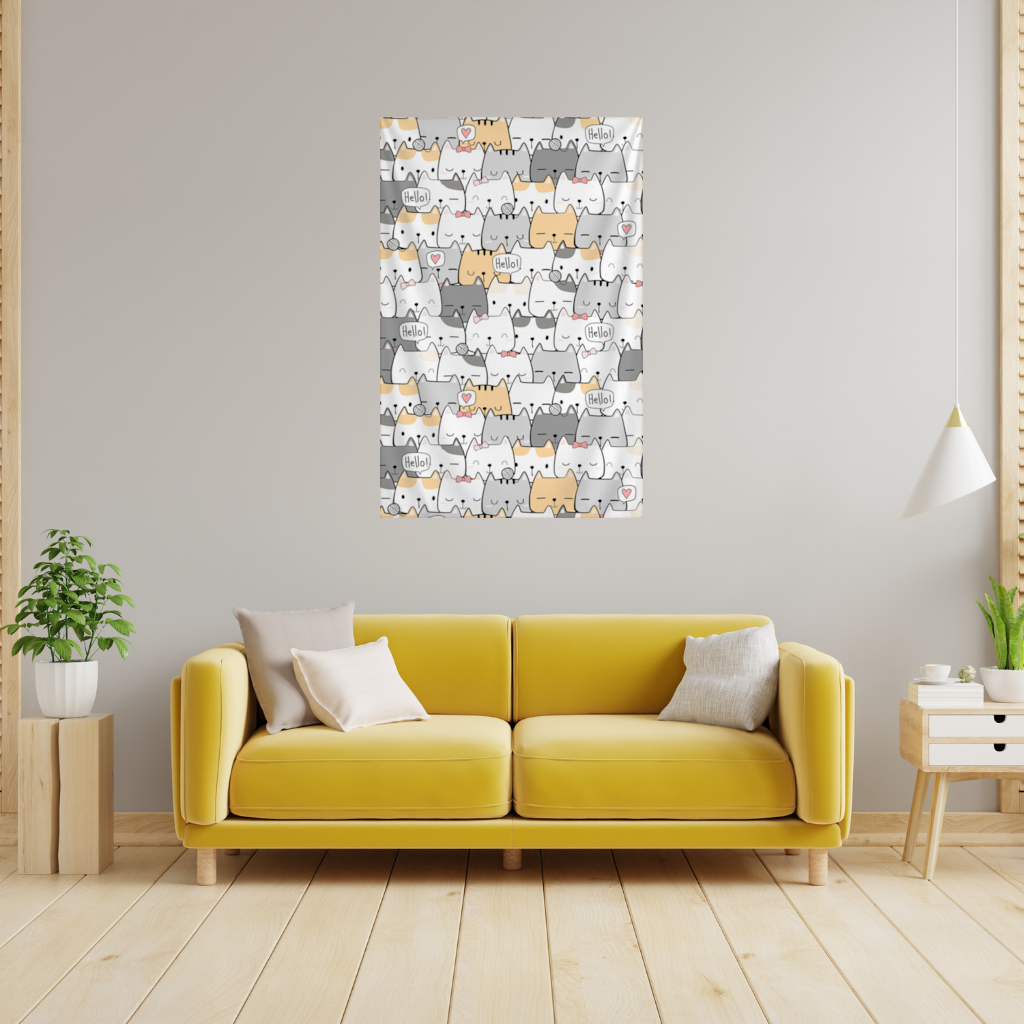 Cute Cartoon Cats Pattern with Speech Bubbles Wall Tapestry