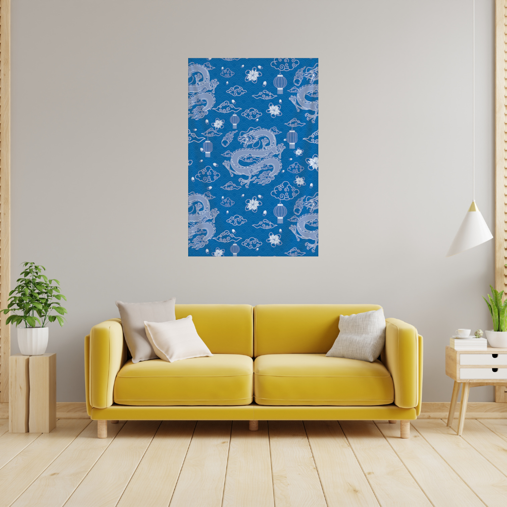 Traditional Dragon Pattern on Blue Background Wall Tapestry