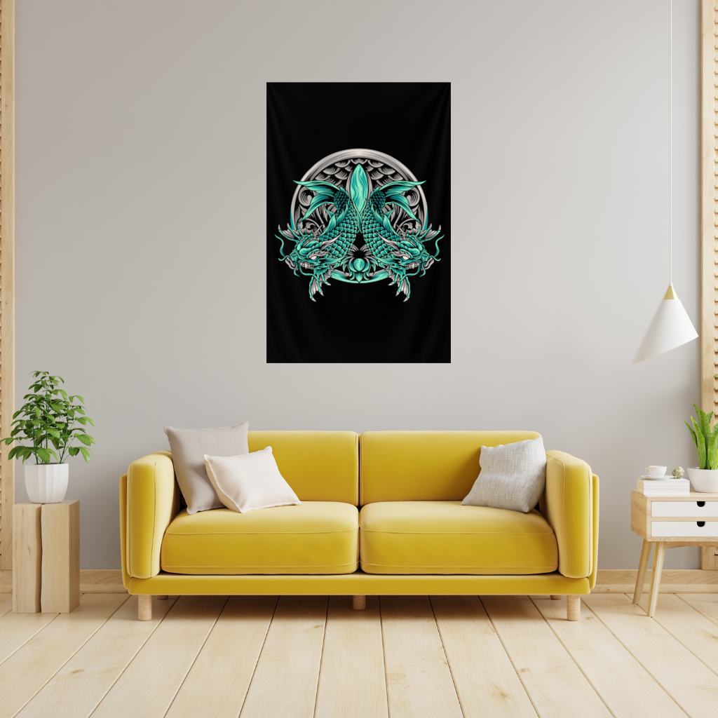Turquoise Twin Dragon Emblem Design Wall Tapestry