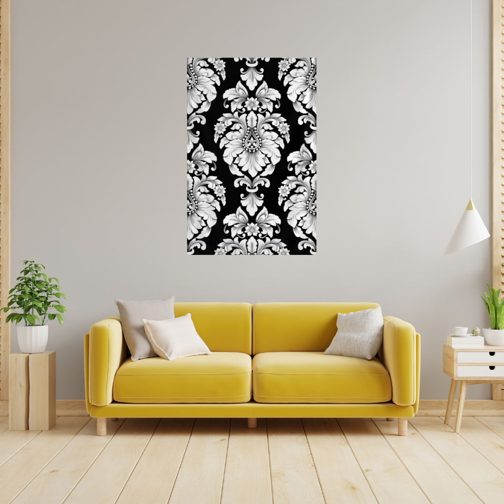 Black and White Baroque Floral Pattern Wall Tapestry
