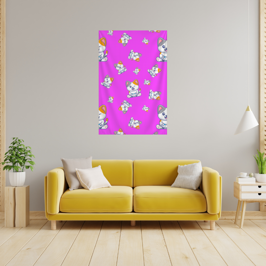 Pembe Zemin Üzerinde Sevimli Çizgi Kedi Deseni Duvar Örtüsü