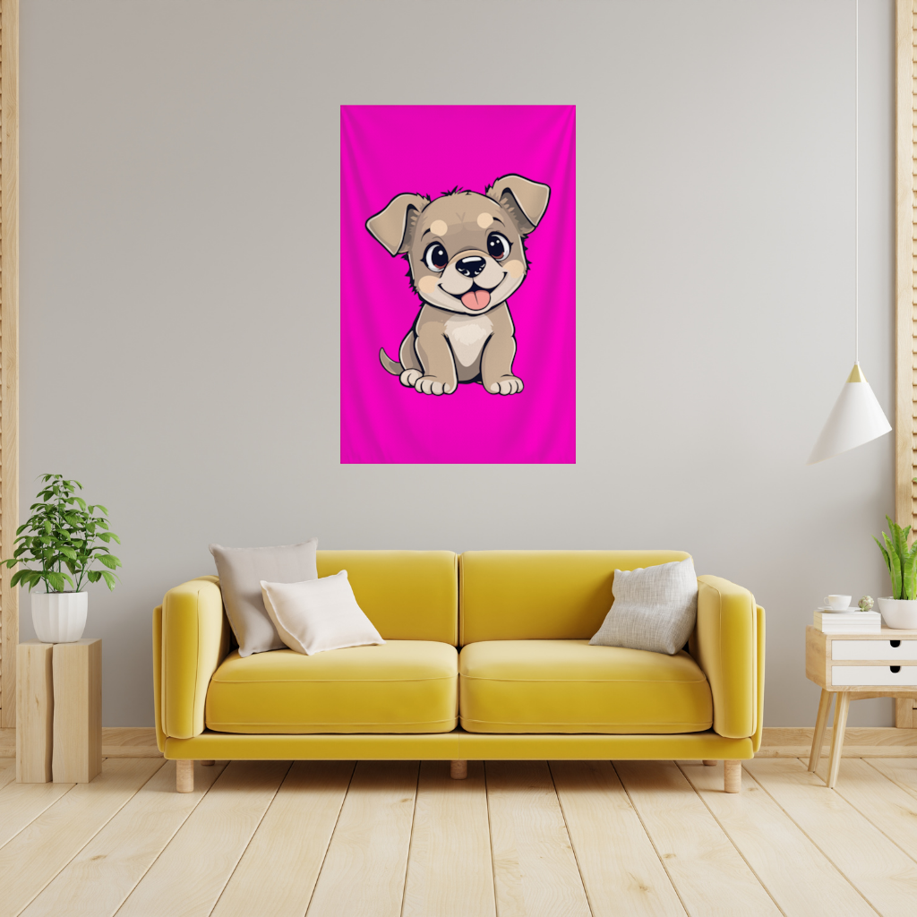 Cute Dog Illustration on Pink Background Wall Tapestry