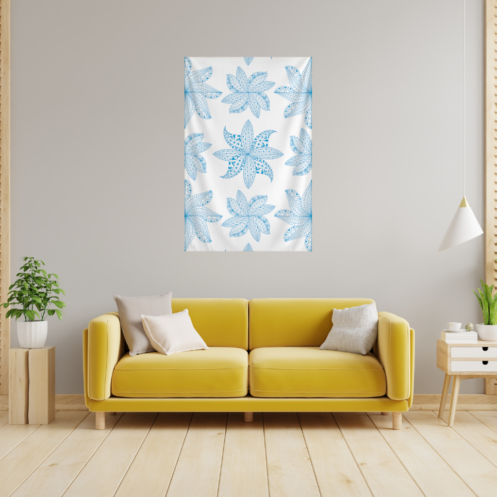 Blue Mandala Floral and Leaf Zentangle Pattern Wall Tapestry