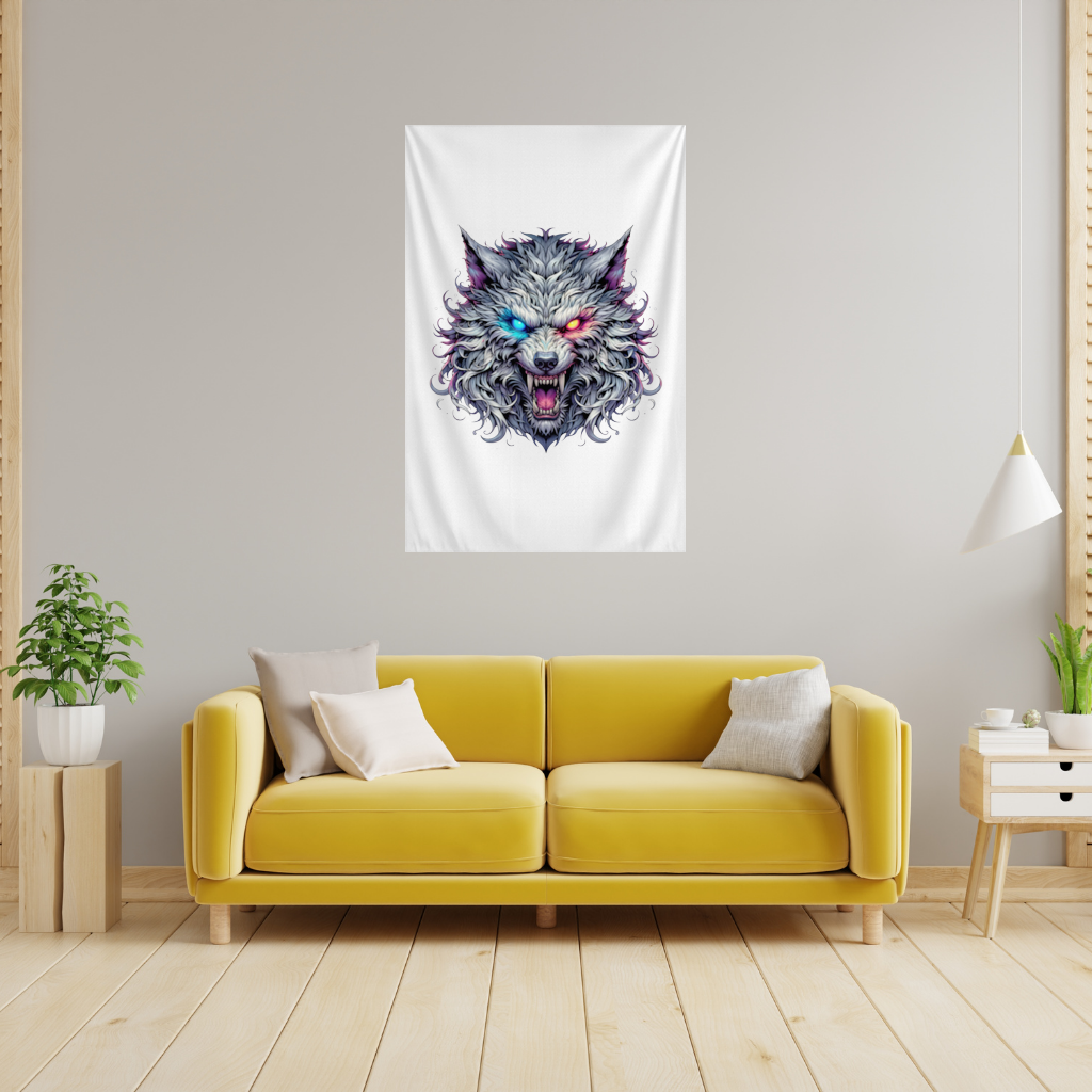 Fierce Wolf Head Illustration Heterochromia Eyes, Savage Wolf Wall Tapestry