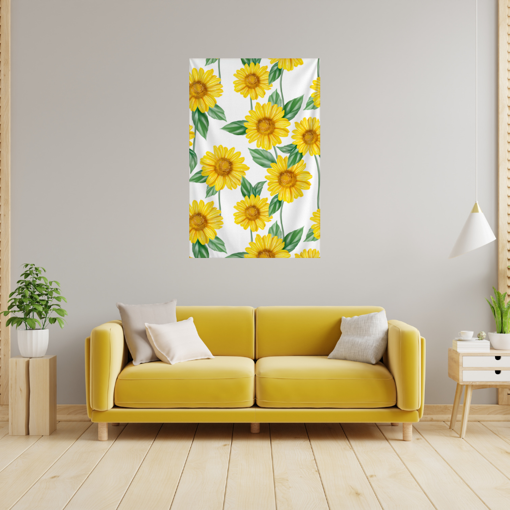 Vibrant Yellow Sunflower and Green Leaf Pattern Illustration Wall Tapestry