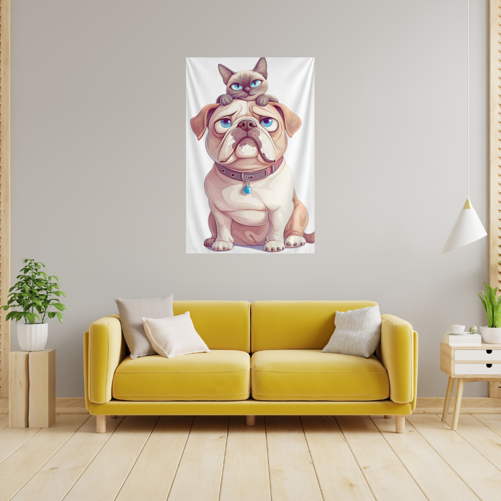 Siyam Kedisi ve Üzgün Pug Köpeği Duvar Örtüsü