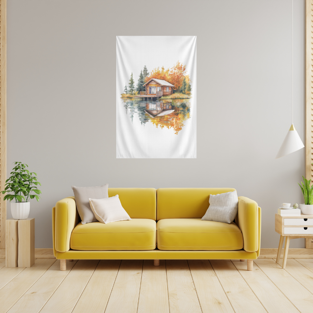 Lakeside Log Cabin Autumn Landscape Wall Tapestry