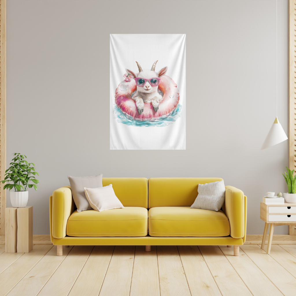 Baby Goat in Pink Pool Ring Wall Tapestry