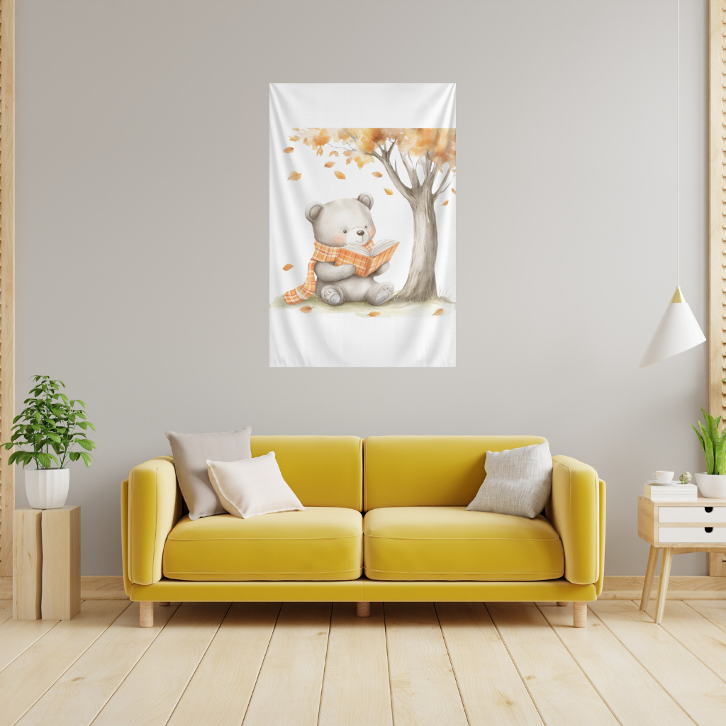 Reading Bear with Orange Scarf Wall Tapestry