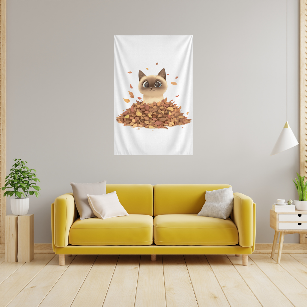 Siamese Cat in Autumn Leaf Pile Wall Tapestry