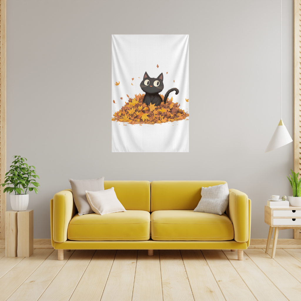 Sonbahar Yapraklarında Sevimli Siyah Kedi Duvar Örtüsü