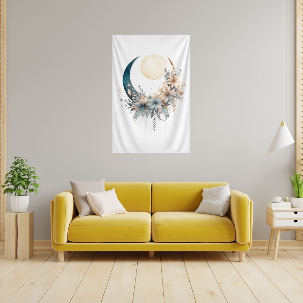 Celestial Boho Moon Floral Wall Tapestry