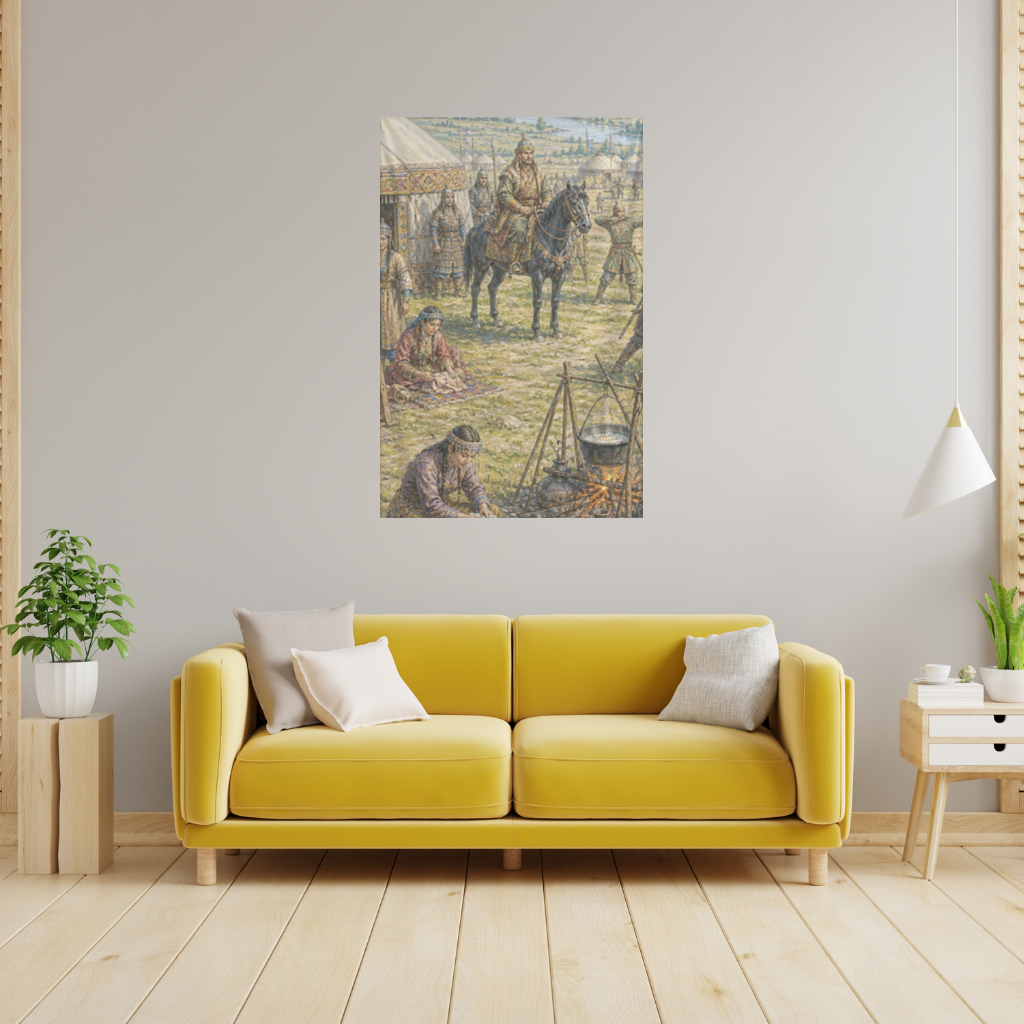 Ancient Steppe Heritage Historic Turkish Camp Scene Art Wall Tapestry