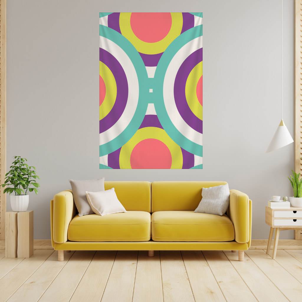 Geometrik Retro Daire Deseni Turkuaz Mor Duvar Örtüsü