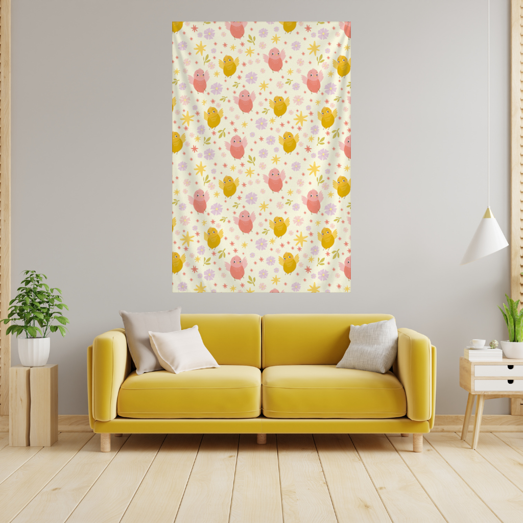 Cute Birds and Floral Pastel Spring Pattern Illustration Wall Tapestry