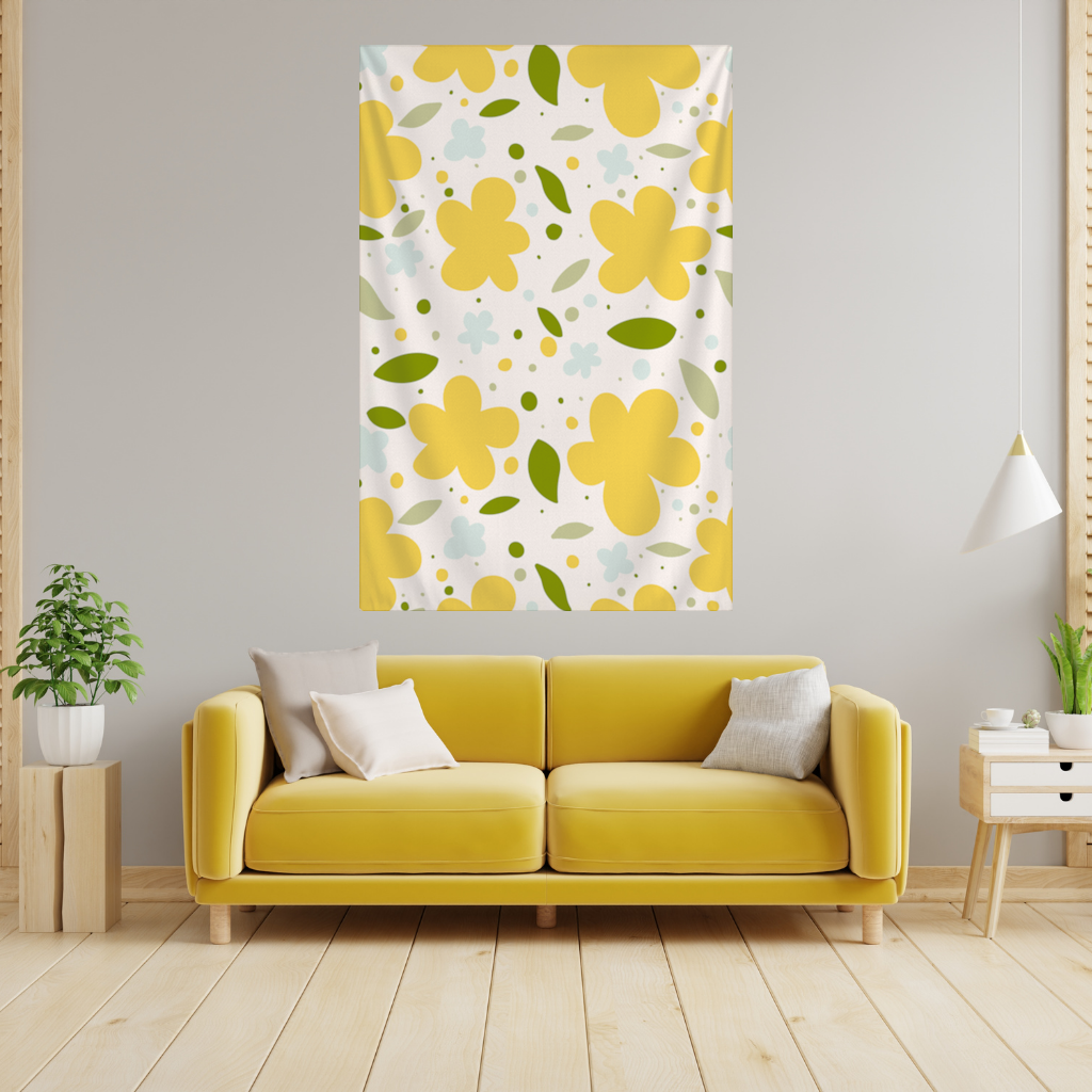 Yellow Floral and Leaf Boho Seamless Pattern Wall Tapestry