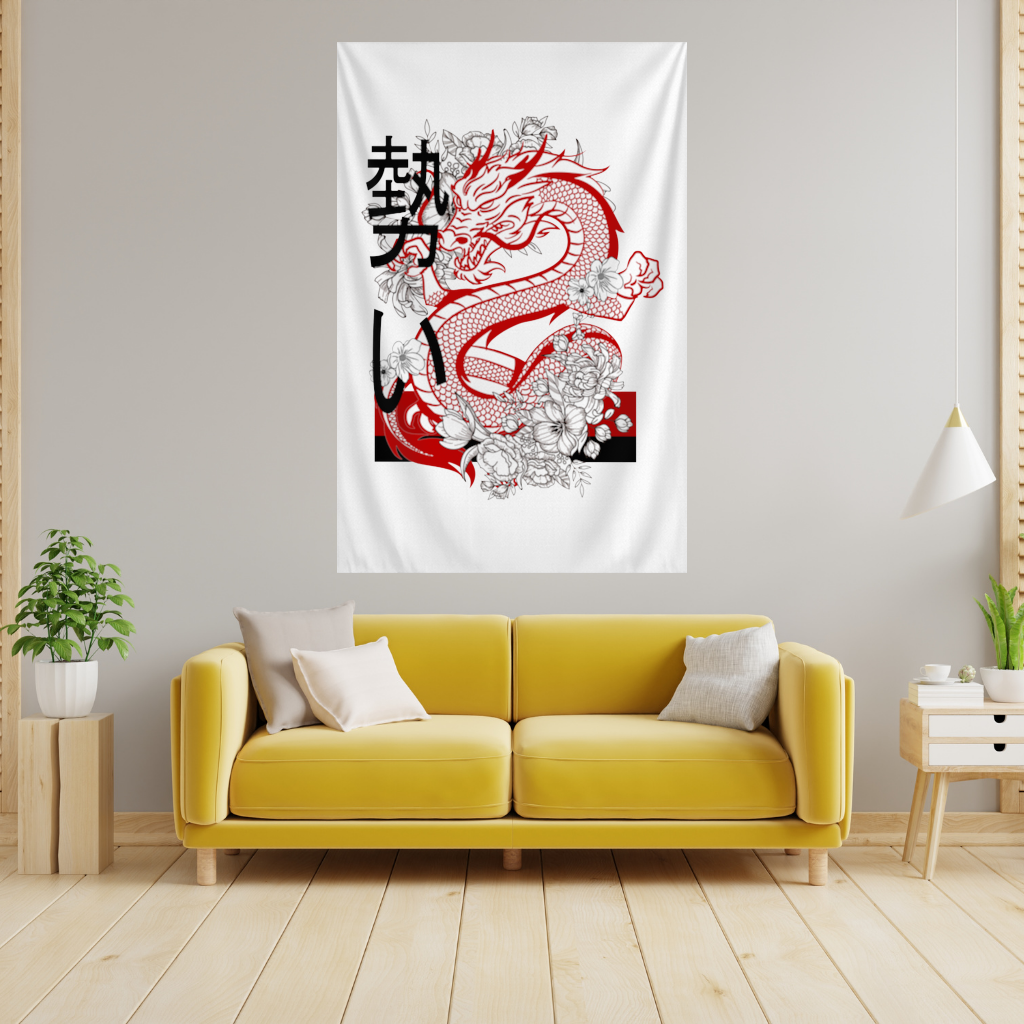 Japon Ejderhası ve Çiçek Deseni Duvar Örtüsü