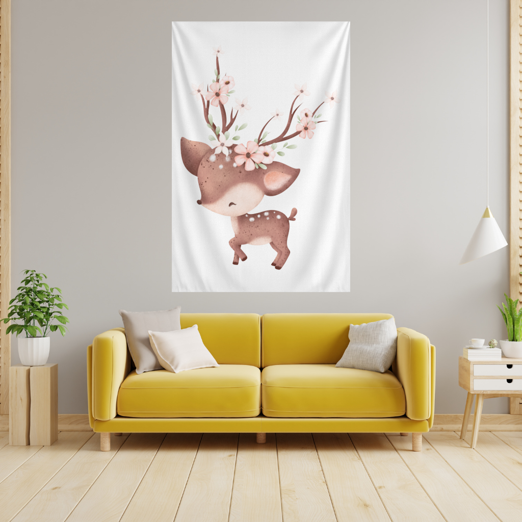 Cute Baby Deer with Floral Antlers Wall Tapestry