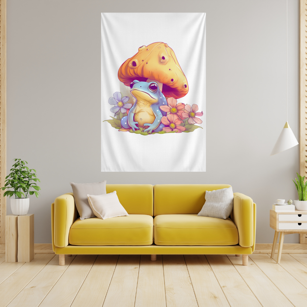 Blue Frog Resting Under Orange Mushroom Wall Tapestry