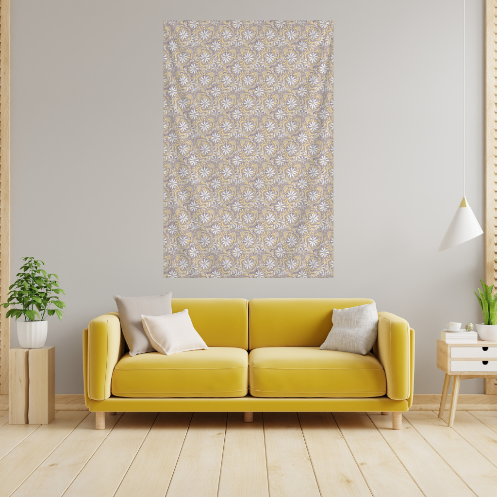 Retro Floral Doodle and Mandala Pattern Wall Tapestry