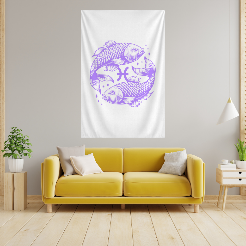 Pisces Zodiac Symbol with Purple Fish Art Wall Tapestry