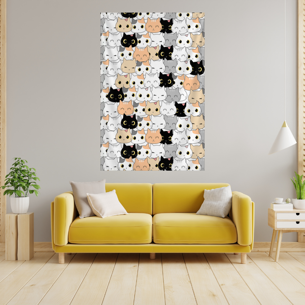 Colorful Cute Cat Faces Seamless Pattern Wall Tapestry