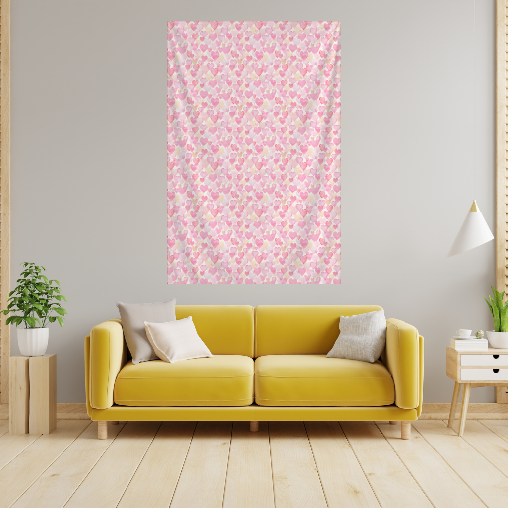 Watercolor Pink Hearts Wall Tapestry