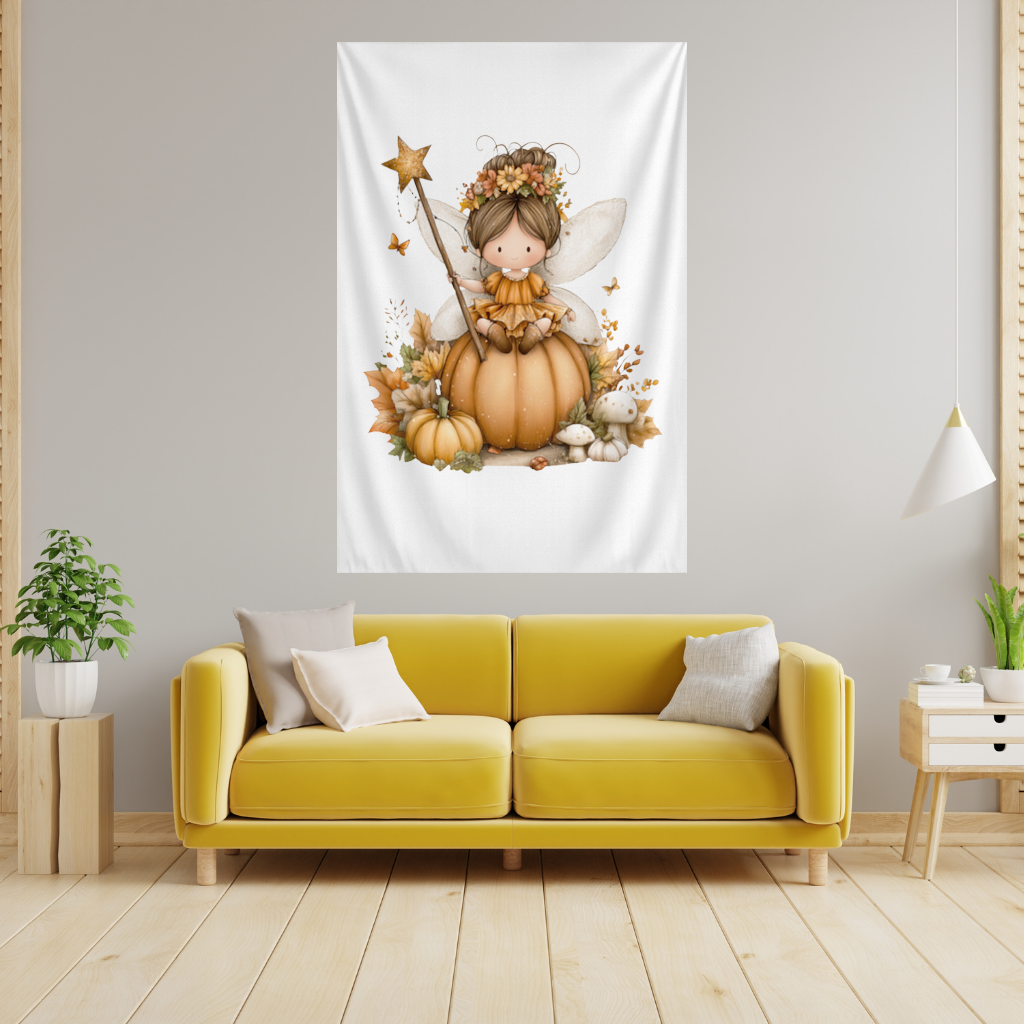 Whimsical Autumn Pumpkin Fairy Wall Tapestry
