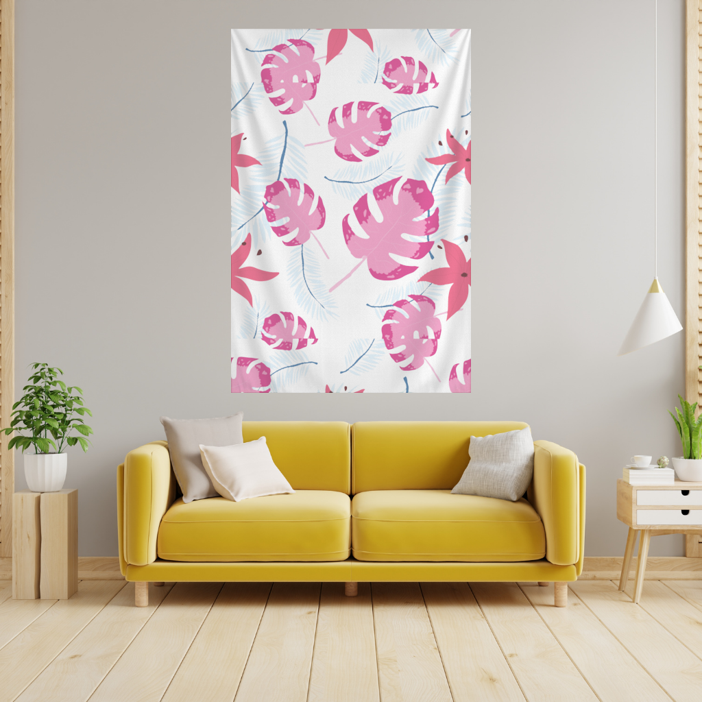 Pink Monstera and Tropical Lily Wall Tapestry