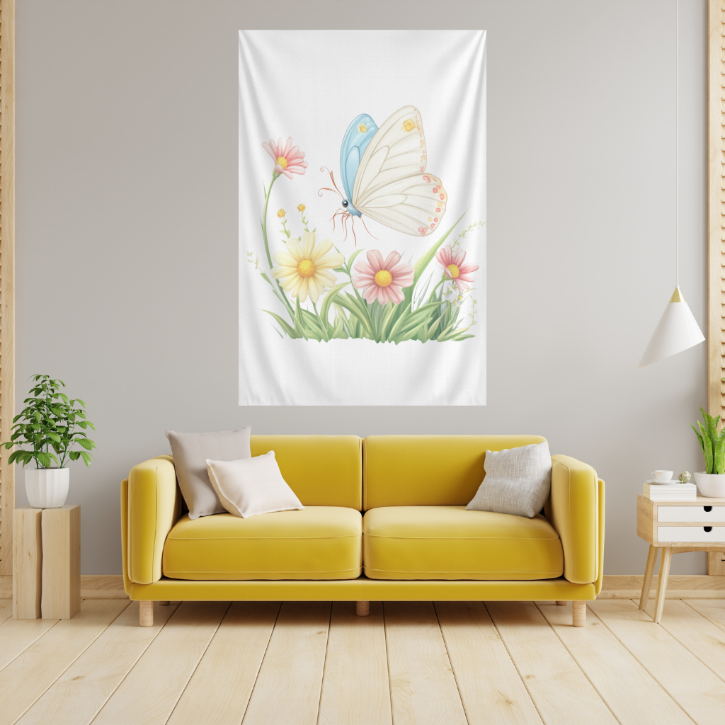 Whimsical Pastel Butterfly and Wildflowers Wall Tapestry
