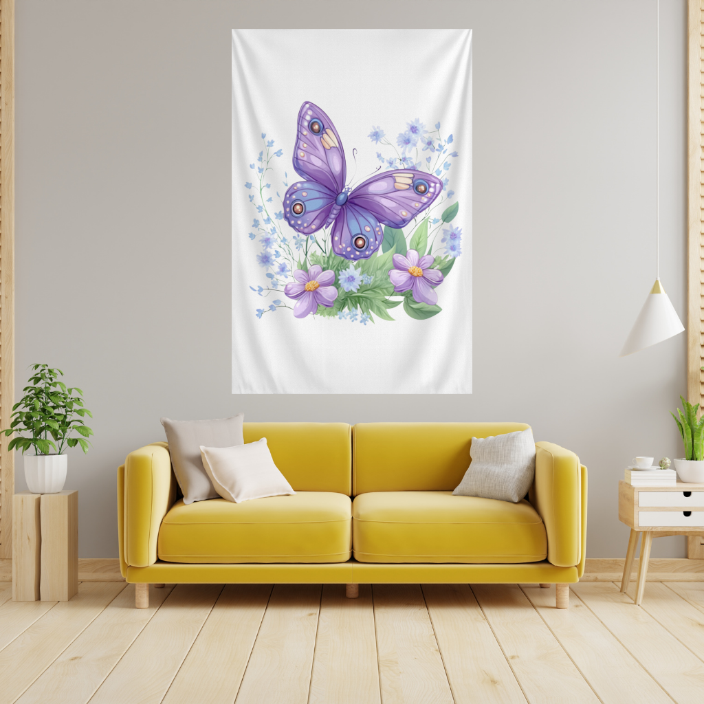 Cottagecore Purple Butterfly Floral Wall Tapestry