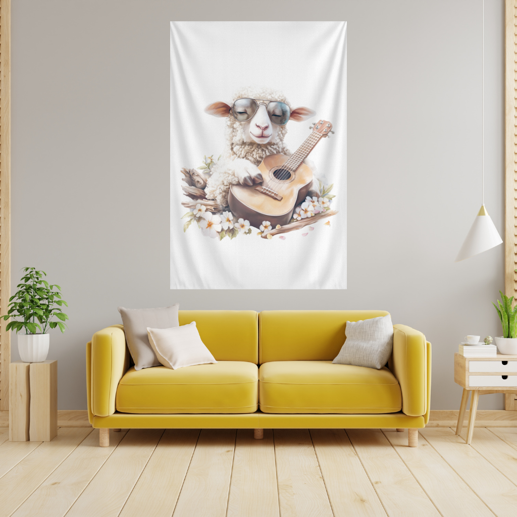 Cool Sheep Playing Ukulele with Flowers Wall Tapestry