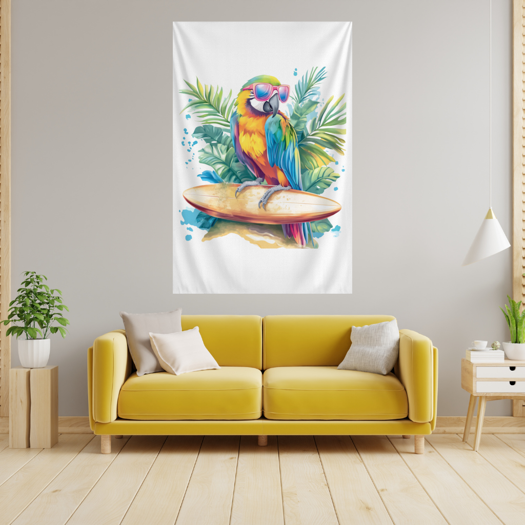Surfing Parrot with Pink Sunglasses Wall Tapestry