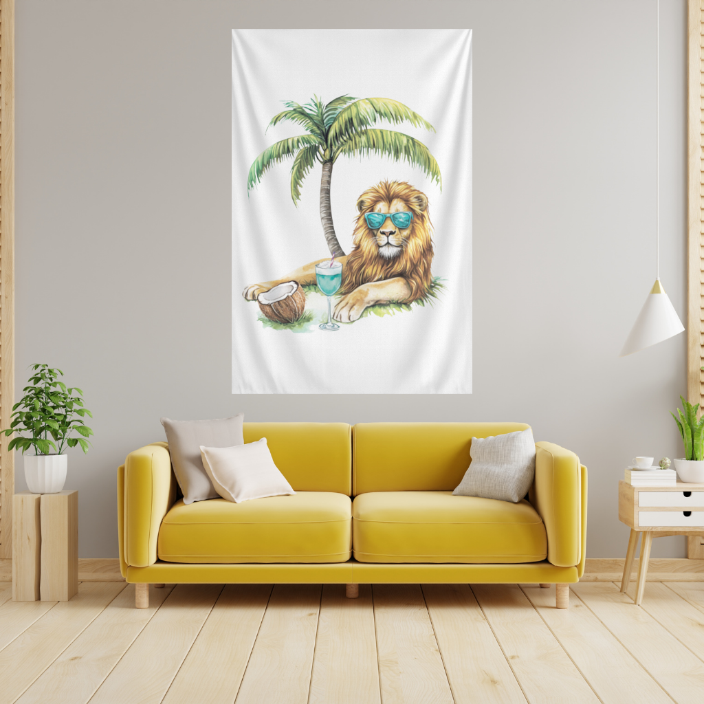 Summer Vibe Lion Under Palm Tree Wall Tapestry