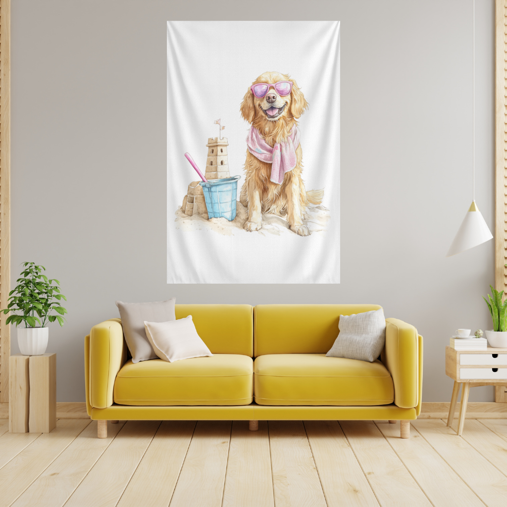 Beach Golden Retriever Pink Sunglasses Wall Tapestry