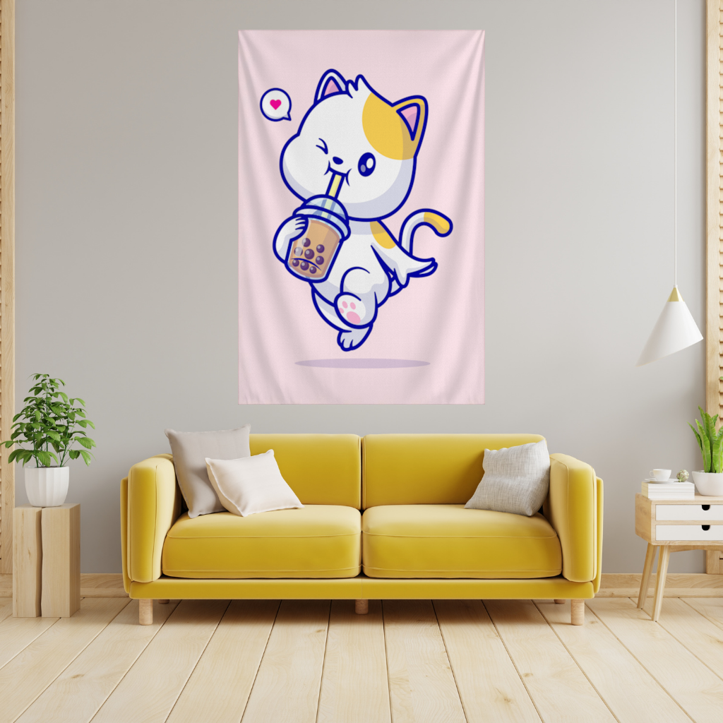 Kawaii Cat Drinking Boba Tea Wall Tapestry