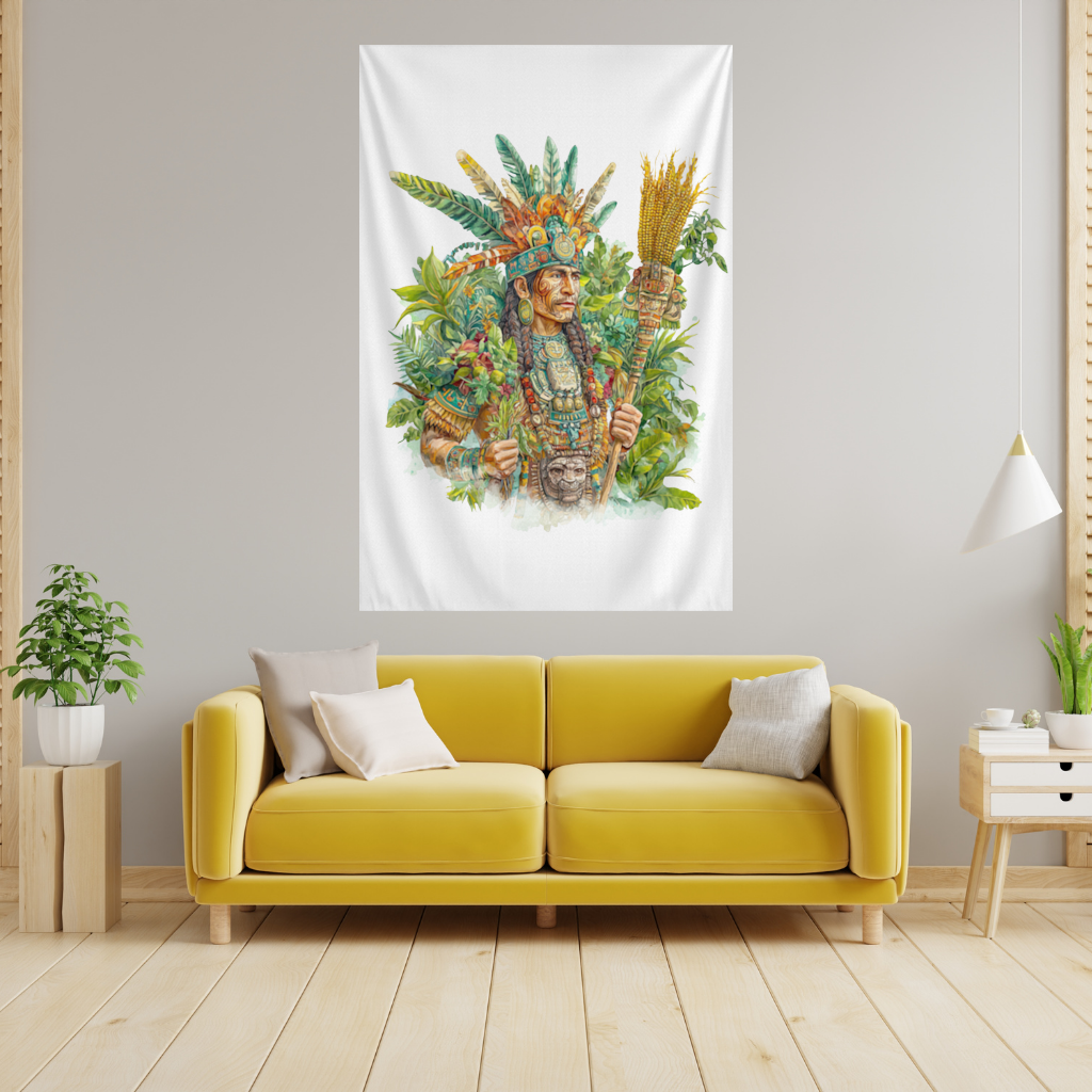 Mayan Maize Priest with Feather Headdress Wall Tapestry