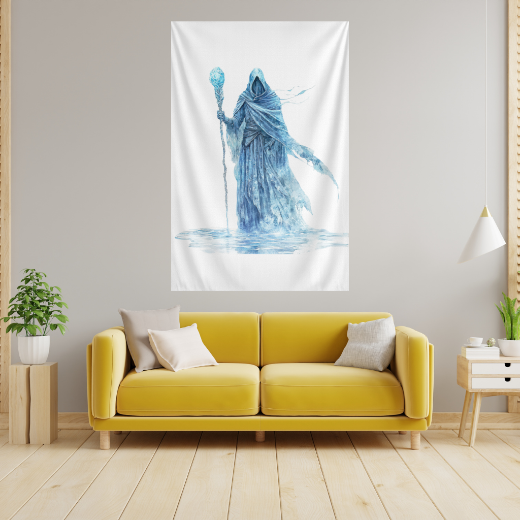 Blue Frost Mage Hooded Wizard Staff Wall Tapestry