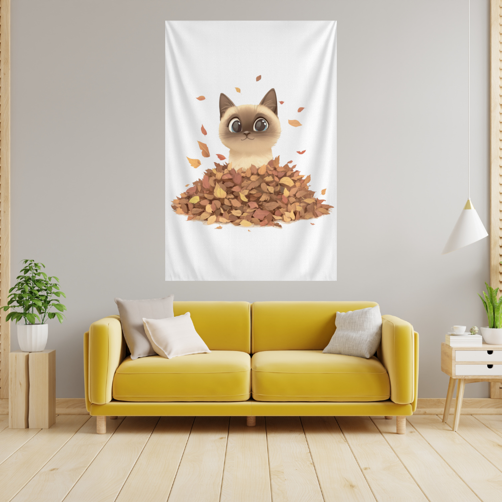 Siamese Cat in Autumn Leaf Pile Wall Tapestry
