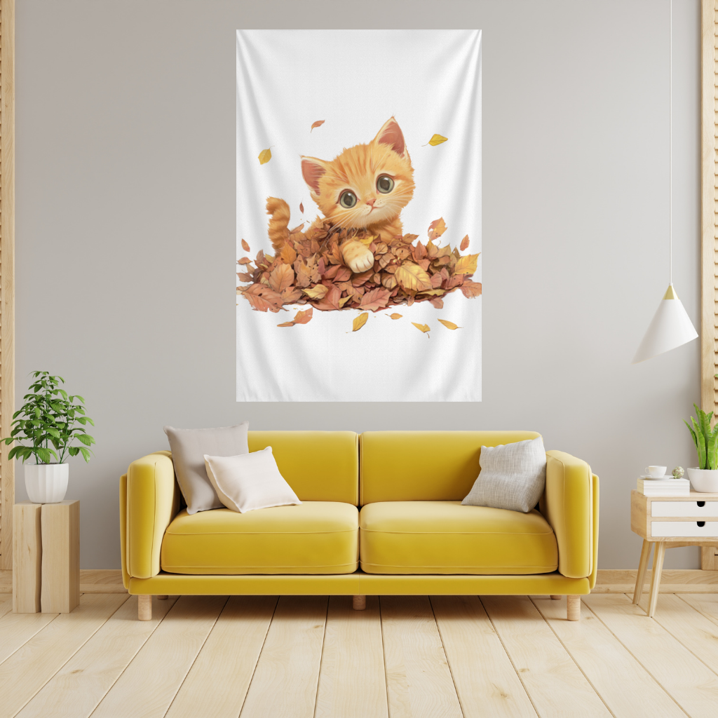 Ginger Kitten in Autumn Leaves Wall Tapestry