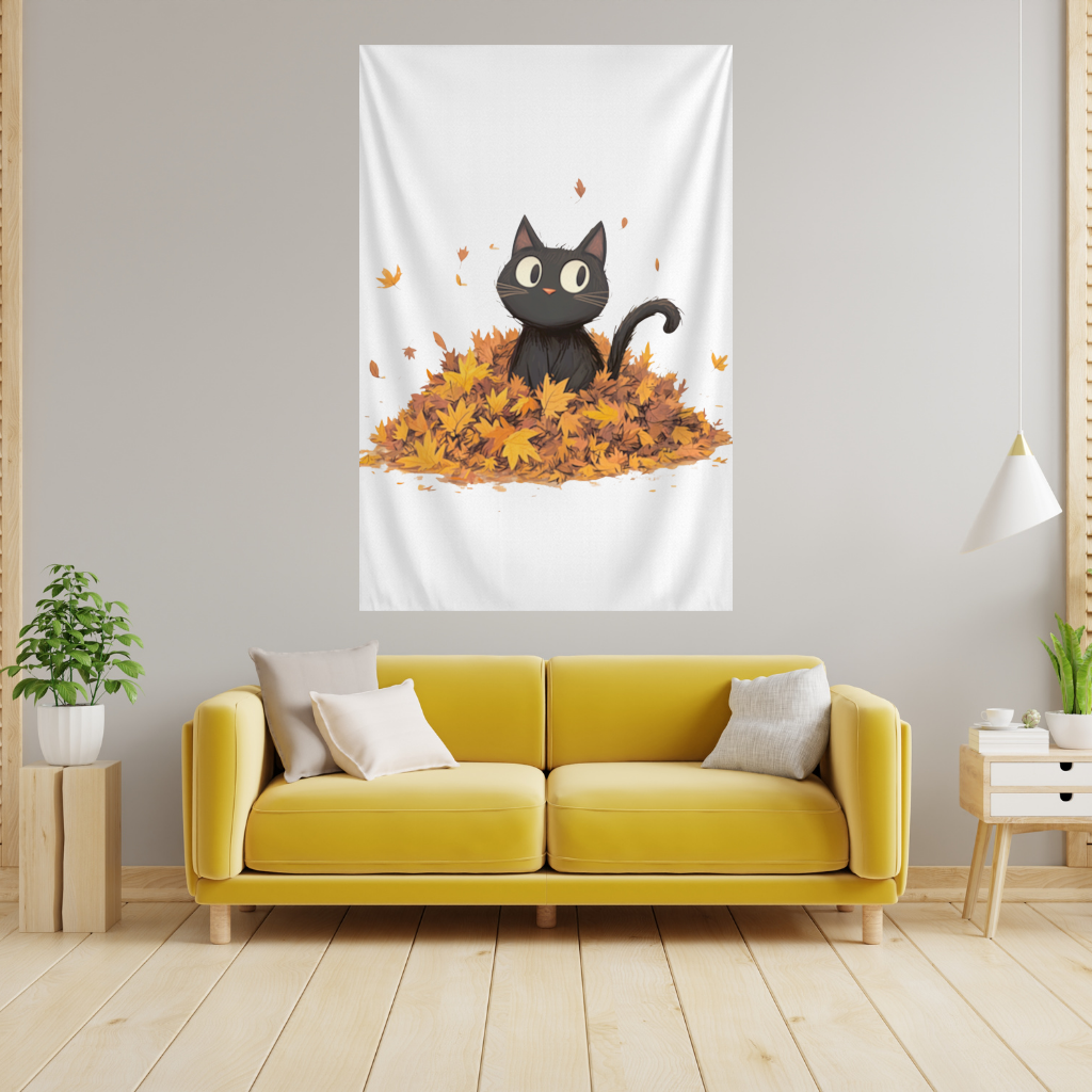 Cute Black Cat in Autumn Leaves Wall Tapestry