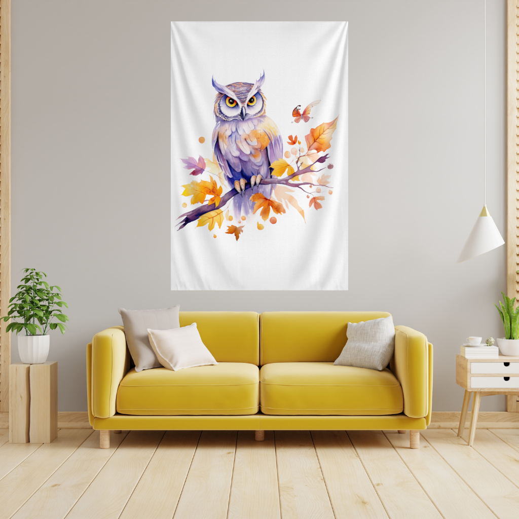 Whimsical Autumn Owl and Butterfly Wall Tapestry