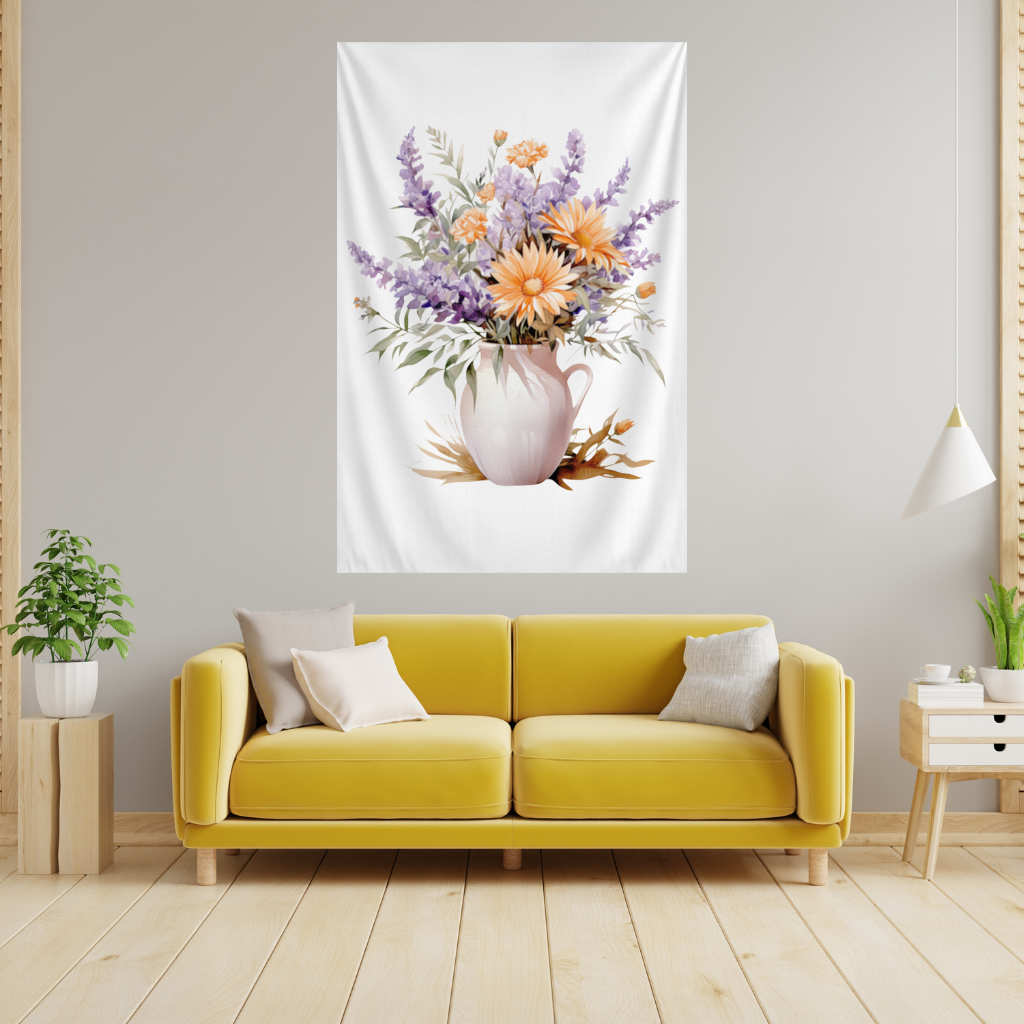 Turuncu Kır Çiçekleri ve Lavanta Duvar Örtüsü