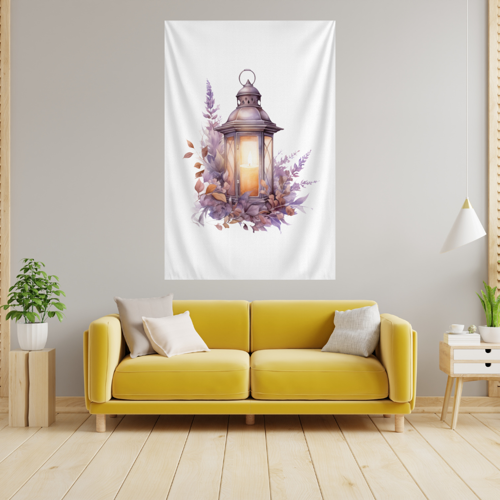 Cottagecore Lavender and Leaves Lantern Wall Tapestry