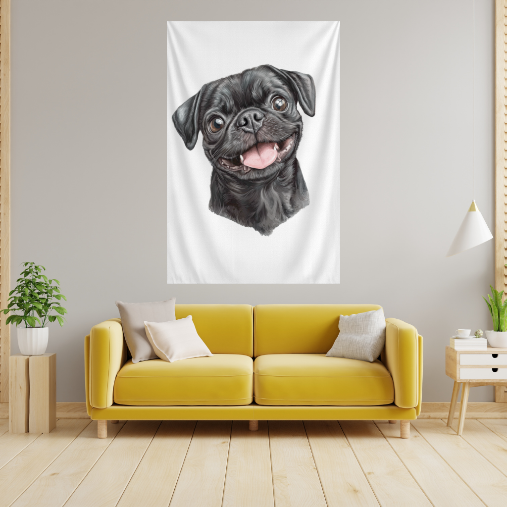 Happy Black Pug Face Wall Tapestry