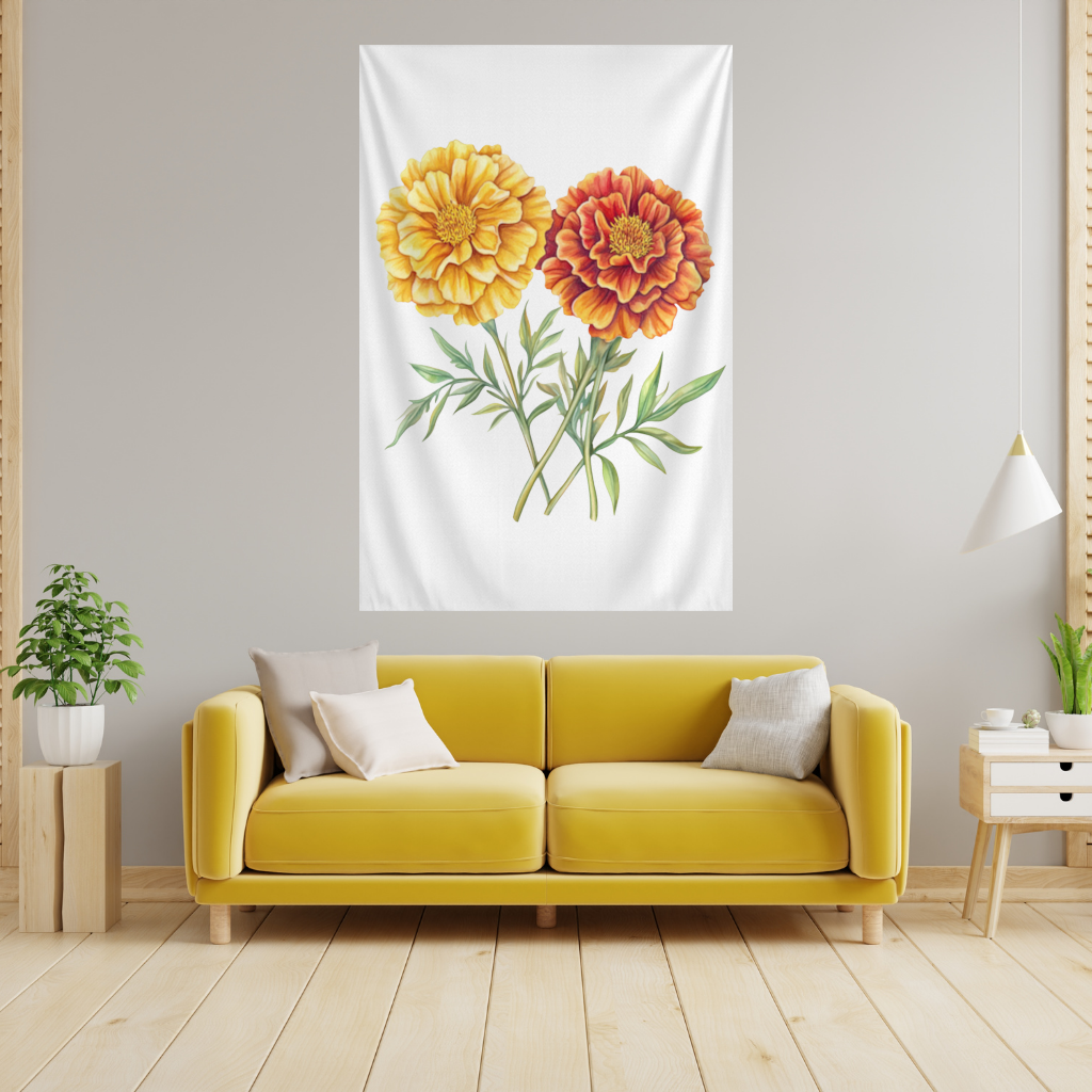 Botanical Yellow Orange Marigold Wall Tapestry
