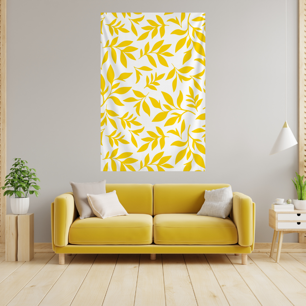 Mustard Yellow Botanical Leaves Wall Tapestry